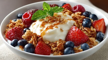 Healthy Breakfast Bowl with Yogurt, Granola, Berries and Fresh Mint