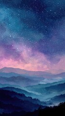 Dreamy nightscape of layered mountains under a vibrant, star-studded sky