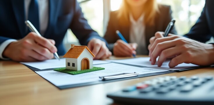 Real estate professionals signing a contract with a miniature house