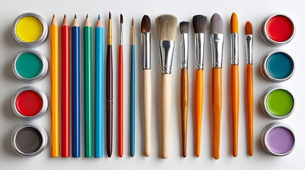 Naklejka premium Collection of Colorful Art Supplies Including Pencils, Brushes, and Paints on a White Background