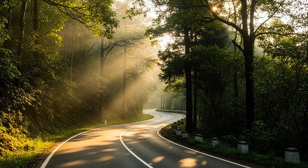 Obraz premium Winding Forest Road at Sunrise