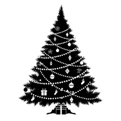 White Christmas Tree Illustration with Decorations and Gift on Transparent Background