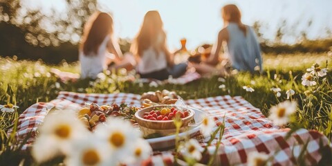 Friends gathered on a checkered blanket in a blooming meadow, sharing a delicious picnic