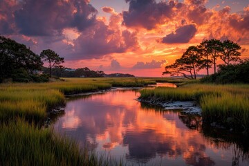 Vibrant sunset reflected in calm marsh waters, showcasing vivid colors and tranquil nature
