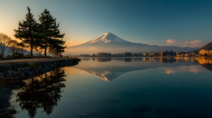 Mount Fuji and Lake Kawaguchi in the early morning, Fujikawaguchiko, Yamanashi Prefecture, Japan