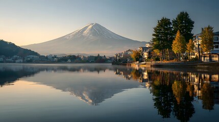 Mount Fuji and Lake Kawaguchi in the early morning, Fujikawaguchiko, Yamanashi Prefecture, Japan