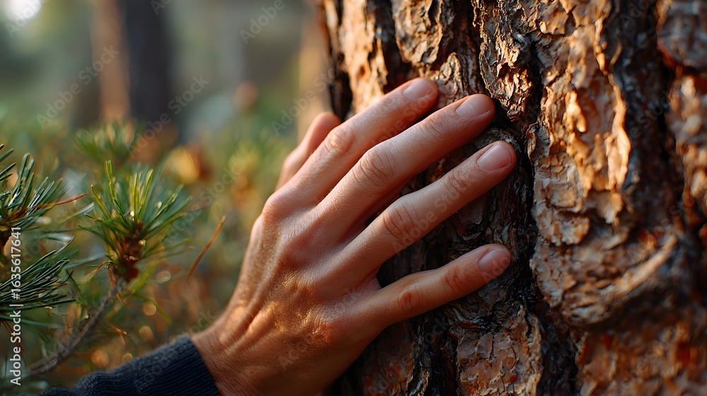 Poster hand gently touching the bark of a tree surrounded by lush greenery in a tranquil forest setting