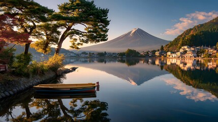 Mount Fuji and Lake Kawaguchi in the early morning, Fujikawaguchiko, Yamanashi Prefecture, Japan