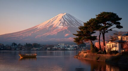 Mount Fuji and Lake Kawaguchi in the early morning, Fujikawaguchiko, Yamanashi Prefecture, Japan