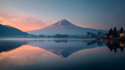 Mount Fuji and Lake Kawaguchi in the early morning, Fujikawaguchiko, Yamanashi Prefecture, Japan