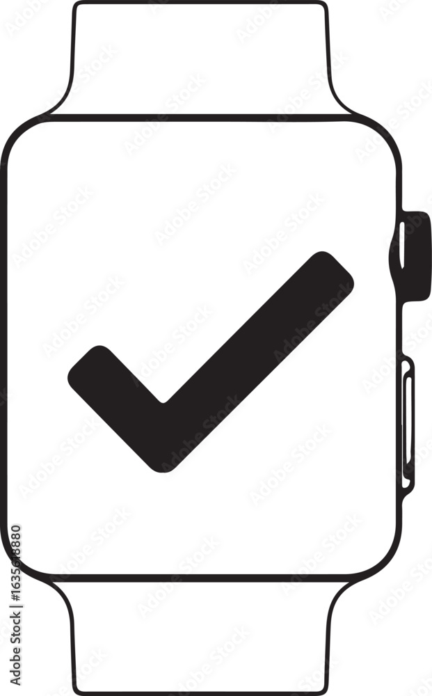 Poster black and white line art icon of a smartwatch displaying a large black checkmark symbol on its scree