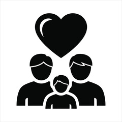 Black silhouette of a family of three with a heart above their heads love people
