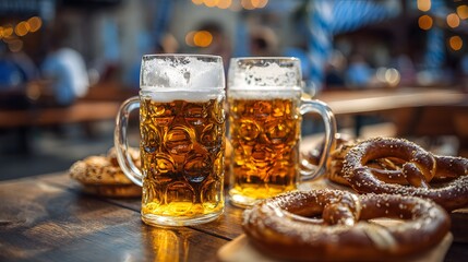 Mugs of freshly beer with the pretzels on the table in the German beer garden
