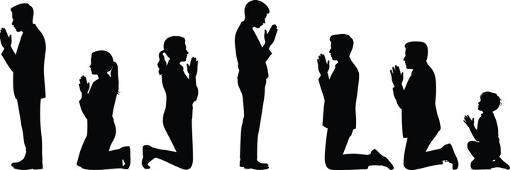 People praying silhouette, kneeling man, woman, child, worship concept, spiritual moment, religion theme, black shadow, flat vector illustration