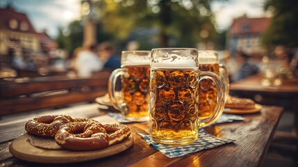Mugs of freshly beer with the pretzels on the table in the German beer garden