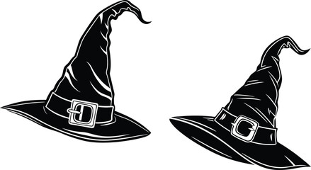 Witch hats black and white vector illustration isolated on white background
