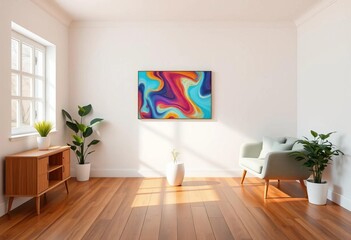 White walls, wood floor, simple furniture, single plant,  floor,  texture