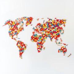 Fototapeta premium Colorful Capsules Form a World Map on a White Background Representing Global Health and Medicine Distribution