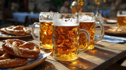 Mugs of freshly beer with the pretzels on the table in the German beer garden