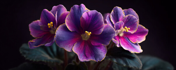 Luminous beauty of vibrant purple and pink African violet blossoms on a dark background