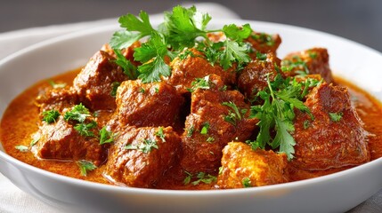 Delicious Indian Butter Chicken Dish Garnished with Fresh Parsley in White Bowl