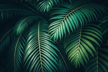 Close-up of overlapping palm leaves with vibrant green color, highlighted veins and textured surface creating a natural pattern