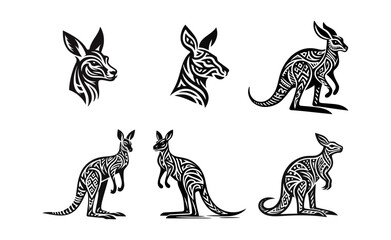 Kangaroo Vector Art in Tribal Style, Set of Illustrations