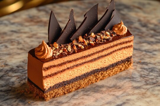 A rectangular chocolate and caramel layered dessert, adorned with chocolate shards, chopped nuts, and a swirl of creamy frosting, sits on a marble surface