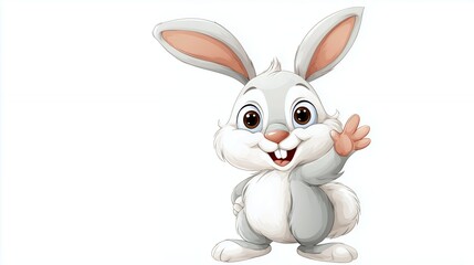 Obraz premium Cute, happy cartoon baby bunny with a big smile and long pink ears, isolated on a white background