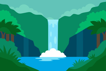 Vibrant flat design waterfall in a lush green jungle landscape