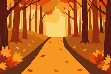 Autumn forest path with fallen leaves and warm colors