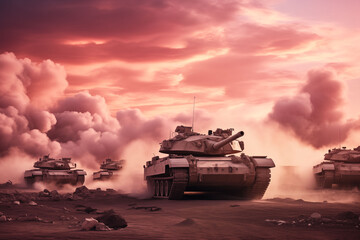 Gray tank in pink smoke on a desert battlefield.