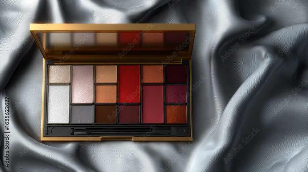 Poster ultra-realistic 3d render of an open makeup palette displayed on silky fabric in a well-lit setting 