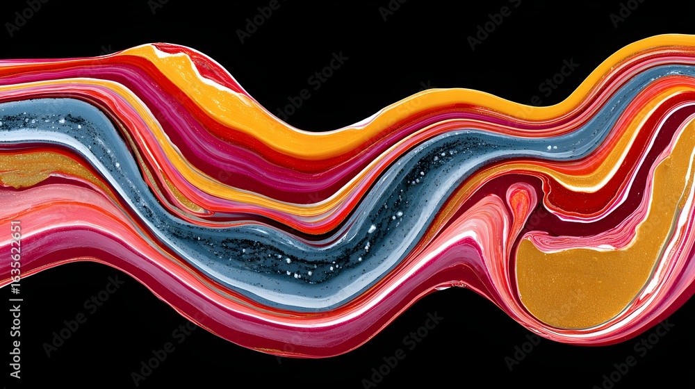 Wall mural abstract colorful waves of fluid art with rich textures and vibrant patterns on black background