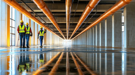 Fototapeta premium Engineers walking in large industrial building inspecting ventilation pipes