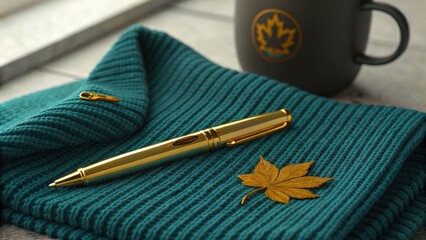 Fototapeta premium Cozy autumn workspace golden pen on teal knit scarf with maple leaf coffee cup composition