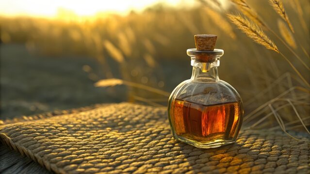 Golden elixir in glass bottle amongst wheat field during sunset natural medicine concept