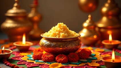 "Golden pot filled with makhan (butter) spilling over, surrounded by ringing temple bells, marigold flowers, oil lamps, and colorful rangoli patterns, festive Janmashtami celebration background"