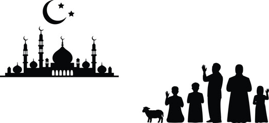 Eid al-Adha celebration, Muslim family silhouette, mosque background, people waving hands, sheep sacrifice symbol, Islamic tradition scene, flat vector illustration