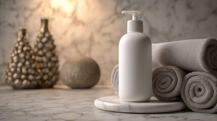 Serene Spa Essentials: A minimalist spa scene with a sleek white bottle, rolled towels, and elegant decor, creating a sense of tranquility and wellness. 