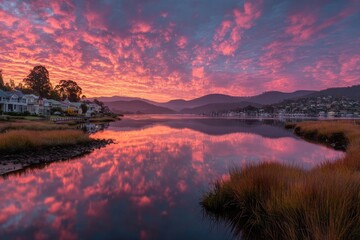 Vibrant sunrise paints the sky and water with pink and orange hues, reflecting on a calm lake with houses and hills in the background