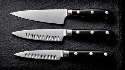 Set of Three Professional Kitchen Knives with Black Handles on Textured Black Background
