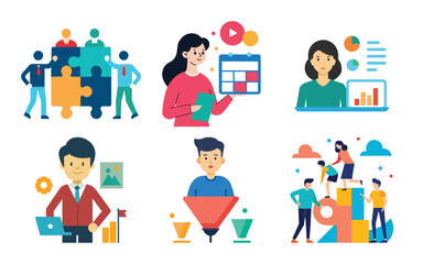 Vector art of business professionals working together on strategy and planning, using calendars and puzzles to achieve project success and business growth