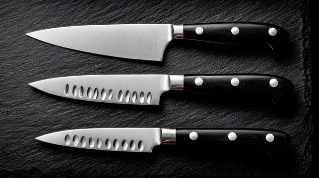Set of Three Professional Kitchen Knives with Black Handles on Textured Black Background