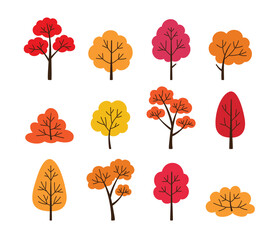 Fall autumn trees with branches, vector illustration. Set of minimalist-style tree graphics in fall foliage colors.