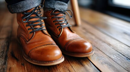 Stylish Brown Leather Boots on Wooden Floor in a Cozy Modern Interior Setting