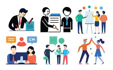 Vector art of business people collaborating in meetings, presenting ideas, and celebrating success in a modern flat illustration style, isolated on white background