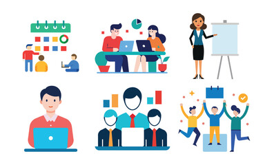 Vector art of business professionals engaged in teamwork, planning, and achieving goals with presentations and data analysis, isolated on white background