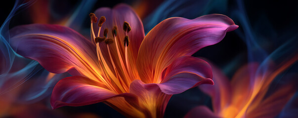 Obraz premium Vibrant magical lily flower glowing with fiery energy on a dark background