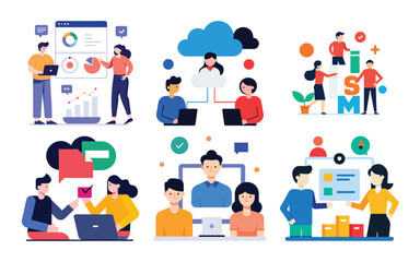 Vector art of diverse business team working together on projects, sharing ideas, and analyzing data in a collaborative office environment, isolated on white background